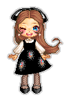 pixel doll of a cute girl dressed in a preppy look, long brown hair with center part and curly-q side locks, blue eyes, peachy skin, winking with open mouth showing little rabbit teeth, black velvet jumper dress with bell skirt featuring oval appliques of a floral nature on a greyish background surrounded by shimmer, white blouse with bishop sleeves, black satin mary jane shoes, black hair bow, sheer black tights with vertical scalloped pattern, pearl earrings